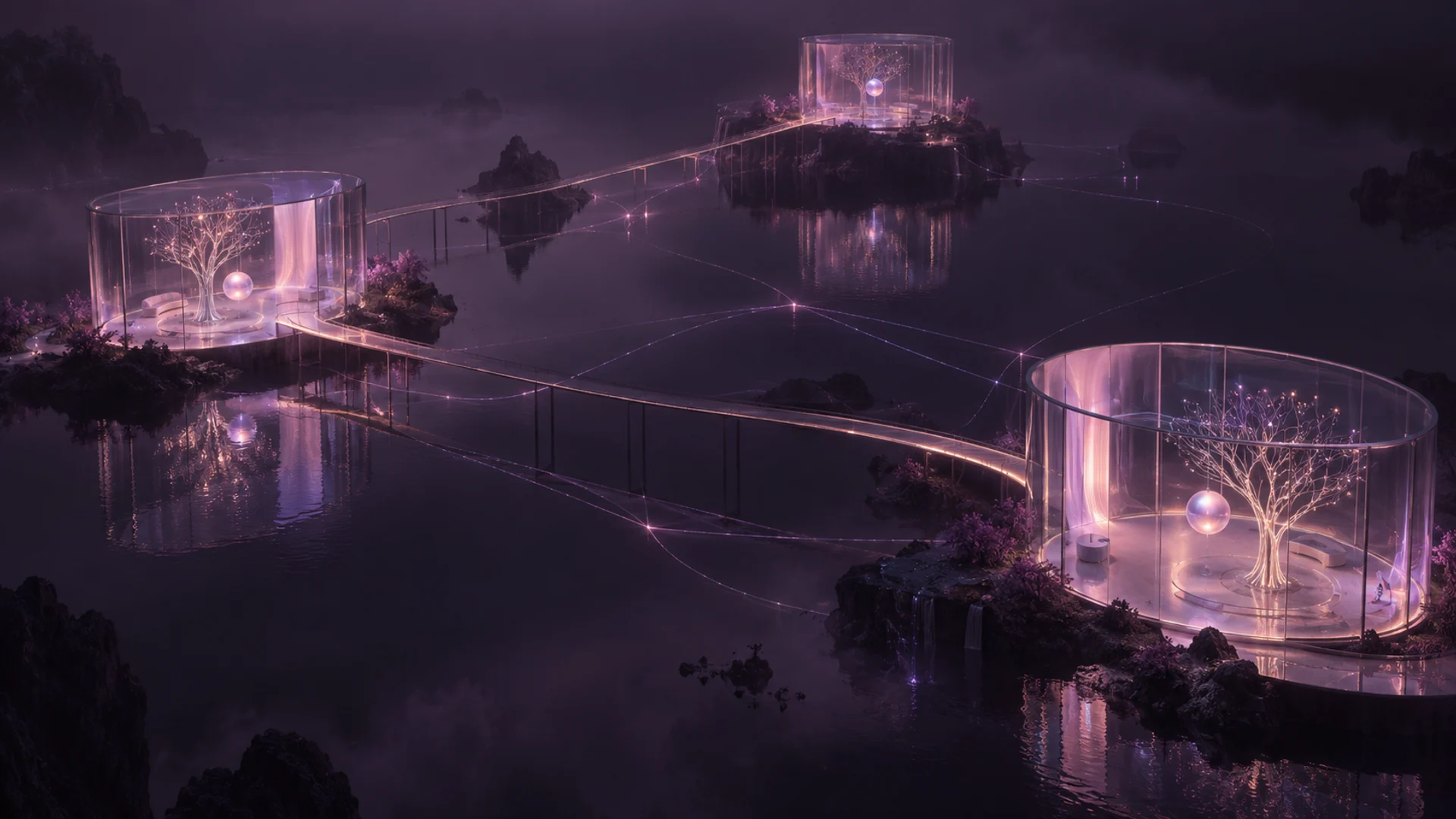 Three luminous rose-glass pavilions connected by walkways over dark water